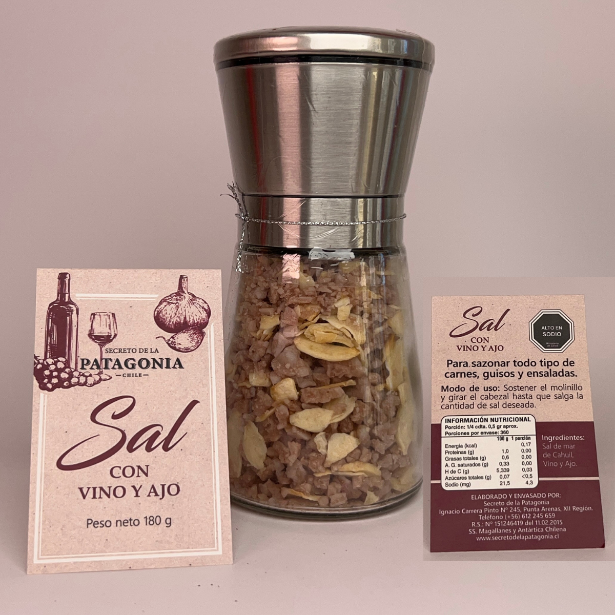 Sal de Mar con Vino Tinto y Ajo – Molinillo de Acero Inoxidable 180 g