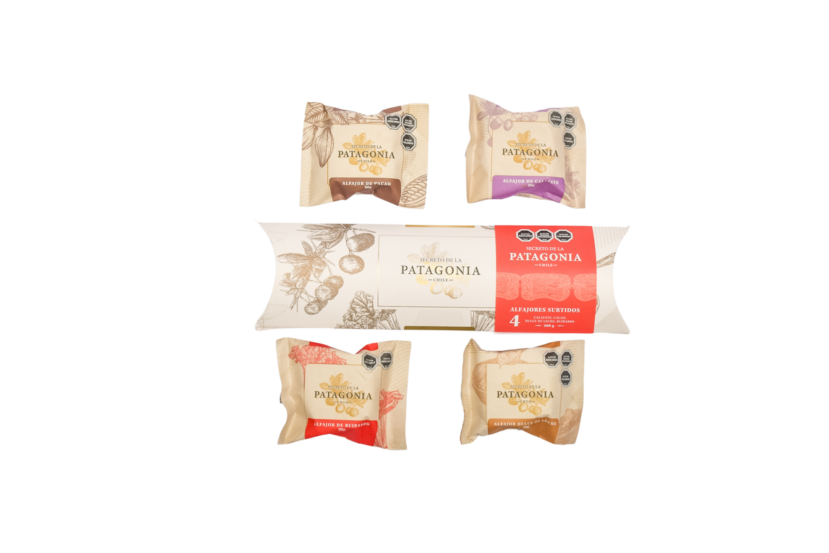 Caja 4 Alfajores Artesanales Patagónicos – Calafate, Ruibarbo, Dulce de Leche y Cacao