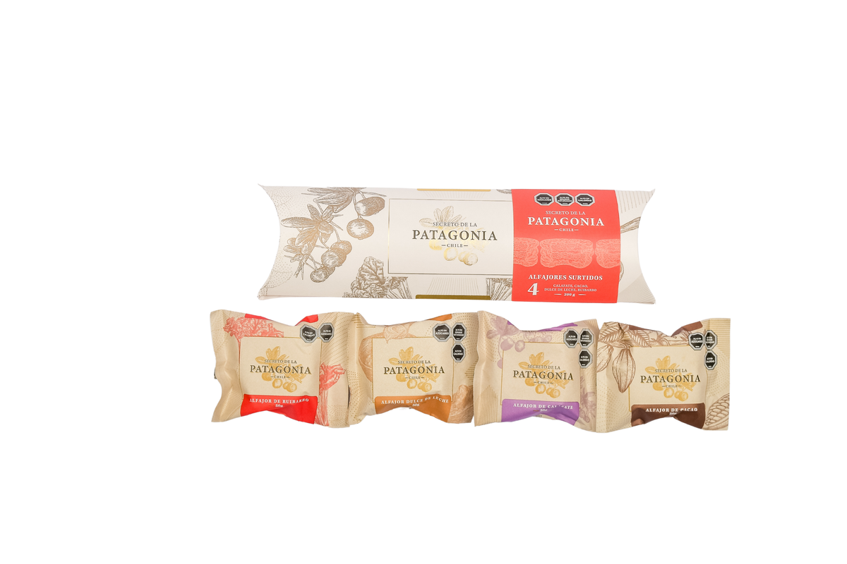 Caja 4 Alfajores Artesanales Patagónicos – Calafate, Ruibarbo, Dulce de Leche y Cacao