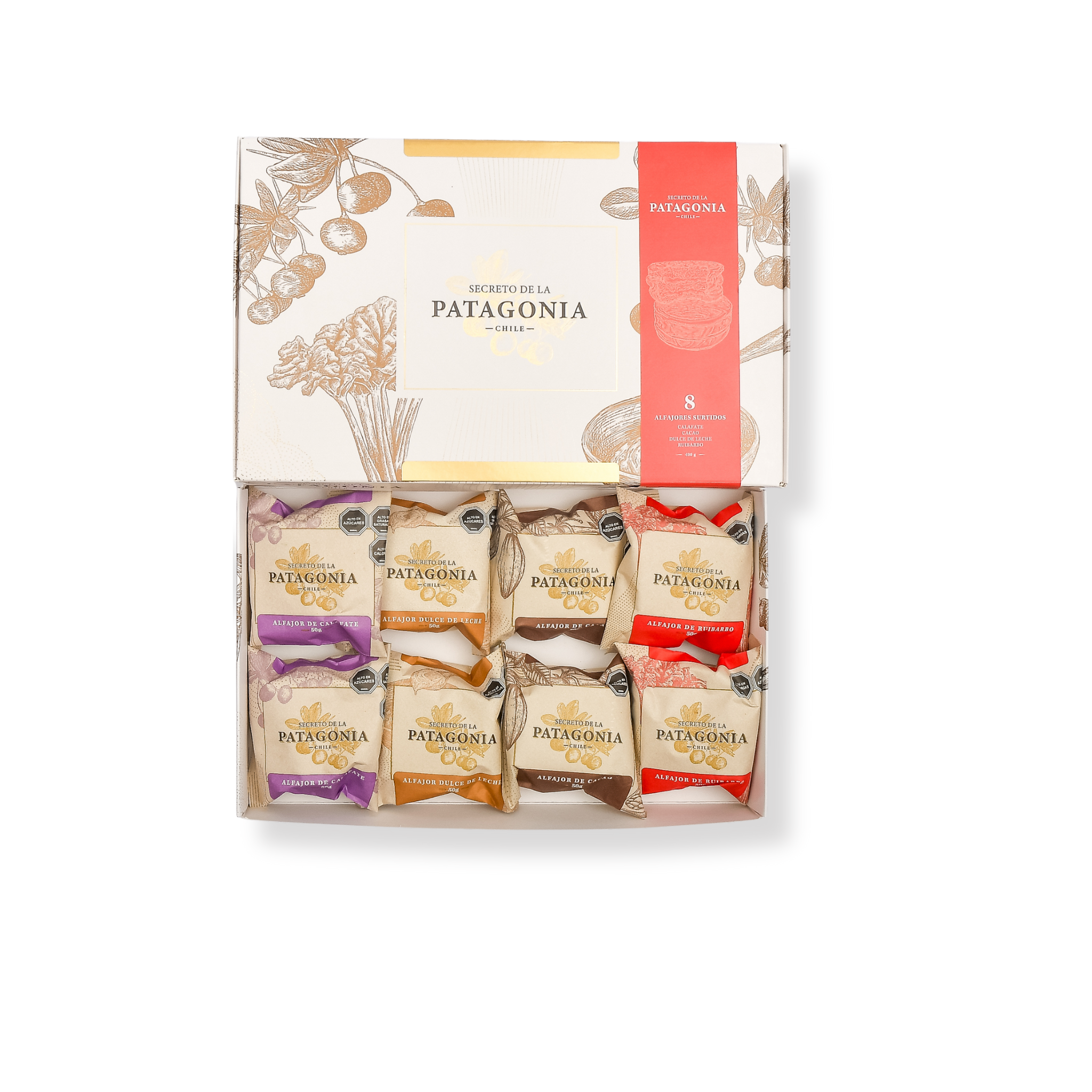 Caja 8 Alfajores Artesanales Patagónicos – Calafate, Ruibarbo, Dulce de Leche y Cacao
